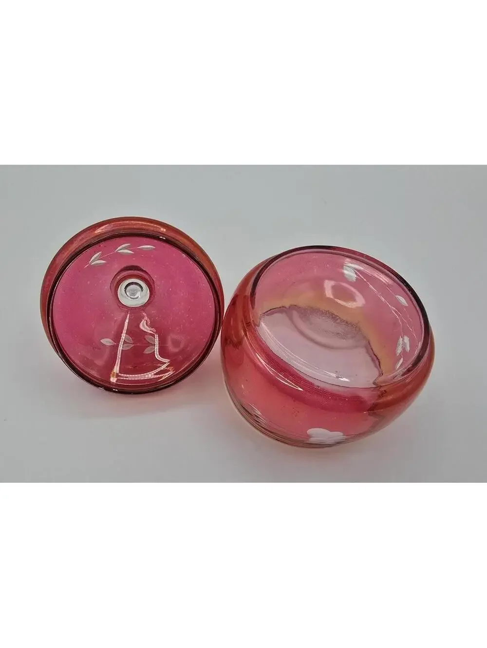 Vintage Cranberry Pink Art Glass Covered Trinket Jar Etched Floral Candy Dish